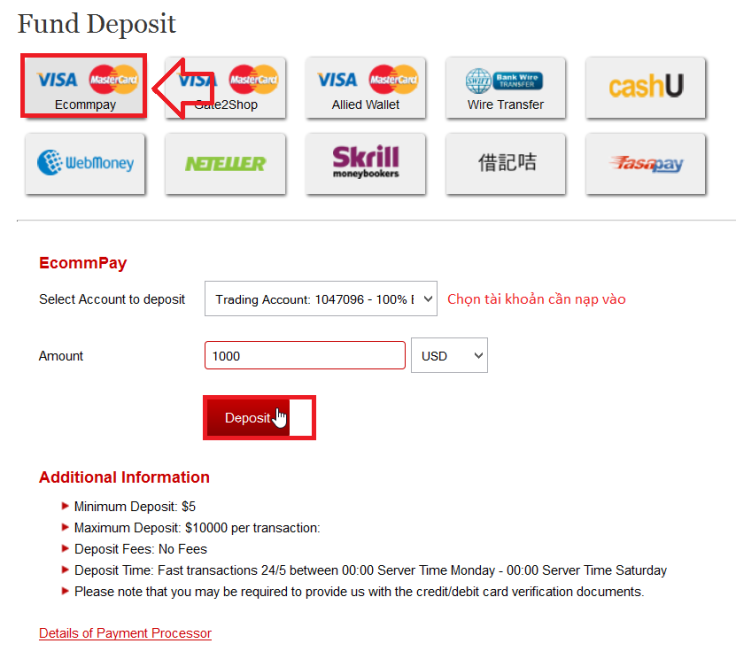 Hướng dẫn nạp rút tiền vào hotforex bằng visa